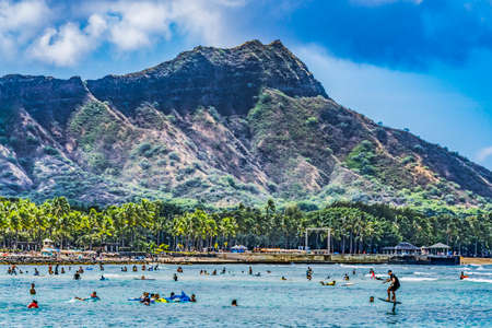 Colorful Waikiki Beach Diamond Head Hydrofoil Surfer Surfers Swimmers  Hotels Honolulu Hawaii