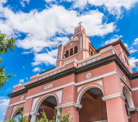Historic Gesu Catholic Church Facade Outside Miami Florida.  Founded in 1898 Church built 1920s.の写真素材