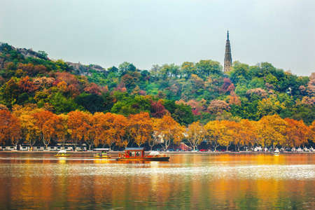 Ancient Baochu Pagoda West Lake Hangzhou Reflection Zhejiang China Pagoda was constructed in 963ADの写真素材