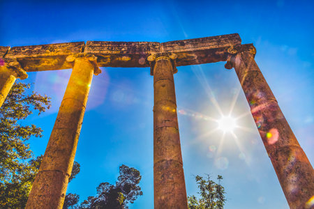 Ionic Columns Sun Oval Plaza Ancient Roman City Jerash Jordan.  Jerash came to power from 300 BC to 600 AD Most original Roman City in the Middle Eastのeditorial素材