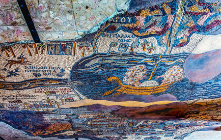 Ancient 6th Century Map Jordan River Dead Sea Mosaic Floor Saint George Greek Orthodox Church Madaba Jordan Mosaic depicts Holy Land in  6th Century AD Discovered Christ's actual baptism site in Bethany Jordan.のeditorial素材
