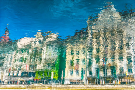 Colorful Inner Harbor Buildings Reflection Patterns Abstract Background Reuss River Lucerne Switzerlandの写真素材
