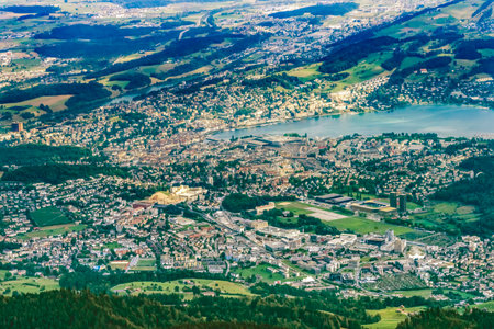 Inner Harbor Lake Lucerne Pastures Trees Mount Pilatus Lucerne Switzerland From Mt. Pilatus observation pointの写真素材