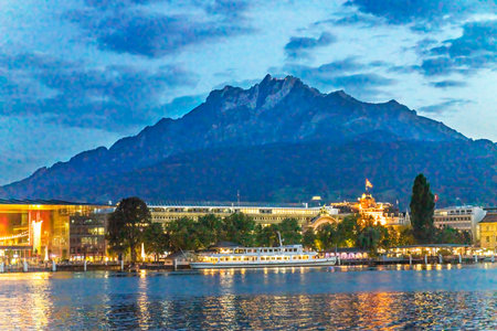 Colorful Harbor Lights Lake Lucerne Yachts Mount Pilatus Boats Buildings Train Station Evening...