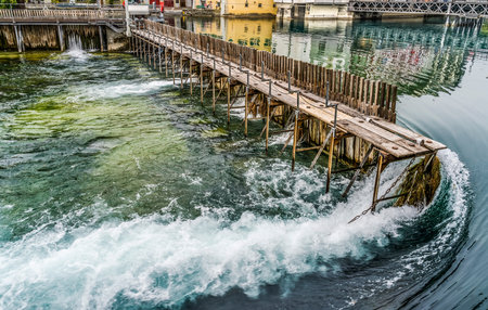 Colorful Reuss River Inner Harbor Reflection Footbridge Lucerne Switzerland. Starting point Reuss River fourth largest river in Switzerlandの写真素材