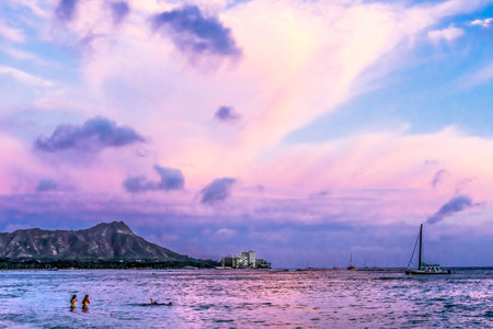 Colorful Pink Sunset Waikiki Beach Sailboat Swimmers Diamond Head Hotels Honolulu Oahu Hawaii