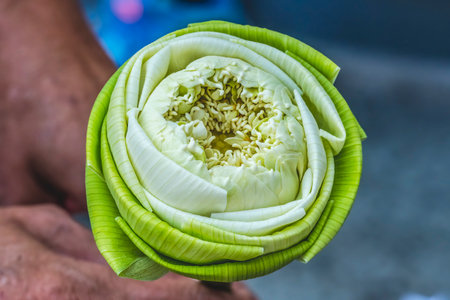 Lotus Bud Buddha Temple Grand Palace Bangkok Thailand Lotus bud white center Buddhist symbol of purity Unopened bud folded soul unfold and open to divine truthの写真素材