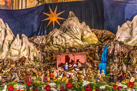 Christmas Creche Nativity Decorations Basilica Saint Marie and Saint Reparte de Nice Catholic Cathedral Church Cote d'Azur Nice France Church Built in 1600s.の写真素材