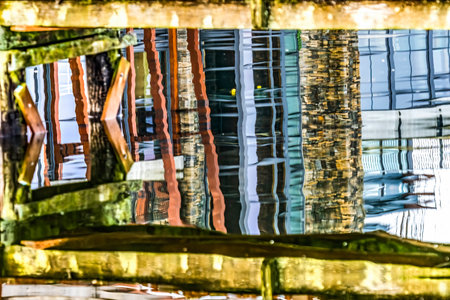 Brown Blue Pier Reflection Abstract Gig Harbor Pierce County Washington State Pacific Northwestの写真素材