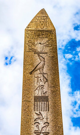 Egyptian Hieroglyphs Obelisk of Theodosius Hippodrome of Constantinople Istanbul Turkey. Obelisk orginally brought from Egypt by Emperor Theodosius the Great in 324AD. Originally built in 1490 BC from Temple of Karnak in Luxorの写真素材