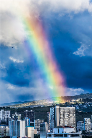 Colorful Rainstorm Rainbow Buildings Waikiki Tantalus Apartment Buildings Honolulu Oahu Hawaiiの写真素材