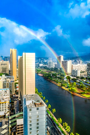 Colorful Rainstorm Double Rainbow Buildings Waikiki Ala Wai Canal Hotels Apartment Buildings Honolulu Oahu Hawaiiの写真素材