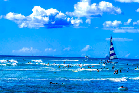 Colorful Swimmers Surfers Sailboat Waikiki Beach Honolulu Oahu Hawaiiの写真素材