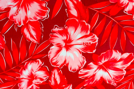 Colorful Hawaiian Red Hibiscus Flowers Cloth Polynesian Textile Handicraft Waikiki Honolulu Oahu Hawaiiの写真素材