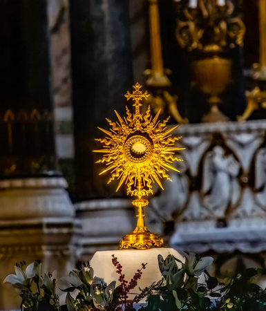 Colorful Golden Monstrance Vessel Holding Bread Basilica of Notre Dame de FourviÃ¨re Lyon France....