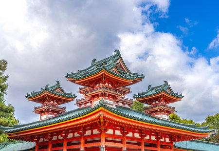 Colorful Large Red Soryu-ro Blue Dragon Tower Heian Shinto Shrine Kyoto Japan. Built in 1895 the Heian Shrine is a copy of the Emperor's Imperial Palace in 1100s in Kyoto.の写真素材