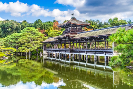 Colorful Autumn Fall Trees Garden Peace Bridge Blue East Lake Heian Shinto Shrine Kyoto Japan. Built...