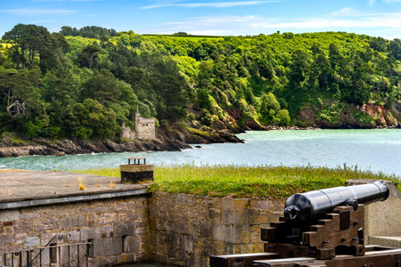 Colorful Cannon Castle Dartmouth Kingswear Devon England.  Castle originally built 1300s to protect harbor and River Dart. In 1400s castle expanded and iron chain to Kingswear to protect harbor.の写真素材