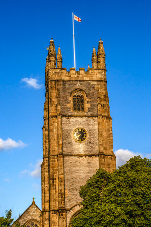 Outside Steeple Tower St Andrew's Church Plymouth Devon England. Church originally founded early 1100s. Bombed in World War 2. Rebuilt 1957.の写真素材