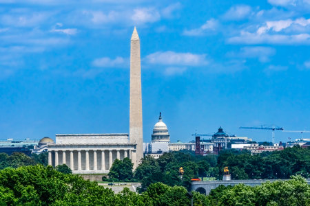 Lincoln Memorial Bridge Washington Monument US Capitol Spring View From Lee House Arlington National Cemetery Washington DC. Arlington was established during Civil War on Robert E. Lee's House.の写真素材