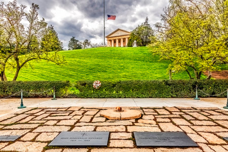 President John F Kennedy His Wife Graves Eternal Flame Lee House Arlington National Cemetery Washington DC. Kennedy 35th US President Until Assasinated 1963. Grave and Eternal Flame opened 1967.の写真素材