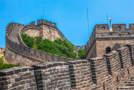 Great Wall Outer Section Summer Badaling Beijing China. This Section was most famous where Presidents walked. Built during Ming Dynasty in 1504 to protect the Juyong Pass South of Badaling and Beijing from the Mongols north of China.の写真素材