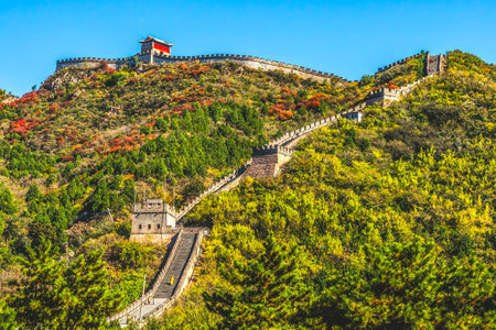 Fall Colors Towers Great Wall Inner Section Juyongguan Beijing China. Juyongguan is northern gateway and closest wall section to Beijing. Great Wall Section built during Ming Dynasty in 1368 to protect Pass .の写真素材