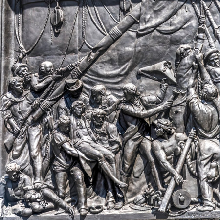 Death of Nelson Bronze Relief Nelson Column Trafalgar Square Westminster London England. Dedicated 1849, statue by John Edward Carew. Nelson saved UK by defeating Napoleon Navy at Trafalgar where Nelson Killed.の写真素材