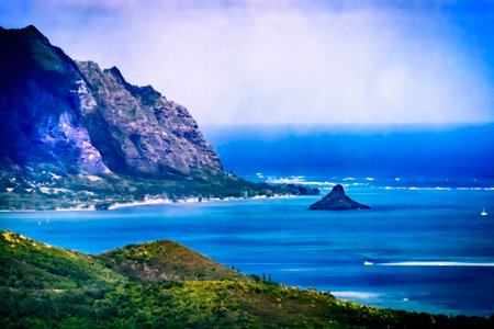 Colorful Chinaman's Hat Island Kaneohe Bay Koolau Mountains Nuuanu Pali Outlook Oahu Hawaii. Outlook...