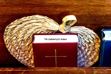 Colorful Basilica Native Fan Hymnal St Andrew Cathedral Episcopal Church Honolulu Oahu Hawaii....