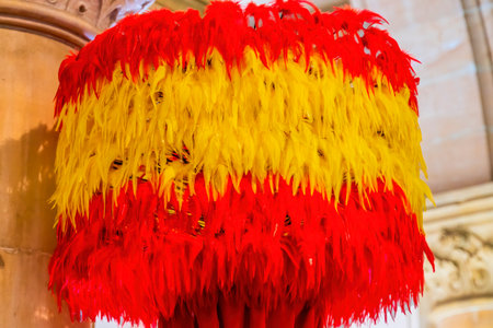 Colorful Basilica Kahili Feathered Royalty Standards St Andrew Cathedral Episcopal Church Honolulu Oahu Hawaii. In 1850s King Kamehameha IV and Queen Emma went to England and were impressed by majesty of Church of England. Their friend Queen Victoria helped construct the church which was consecrated in 1902.の写真素材