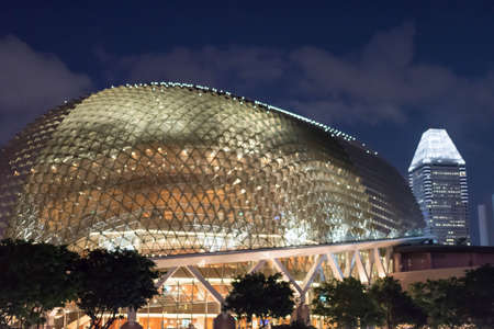 Night photo of the roof of Singapore Esplanade taken from Esplanace bridge, Singapore, April 14 2018