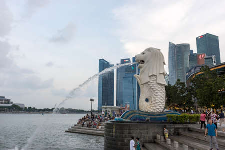 Tourists at the Singapore Merlion Park near Central Business District, Singapore, April 14 2018のeditorial素材