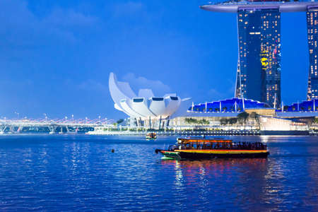 Night Photo of Singapore Marina Bay Sands hotel and River, Singapore, April 14 2018のeditorial素材