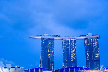 Night Photo of Singapore Marina Bay Sands hotel and River, Singapore, April 14 2018のeditorial素材