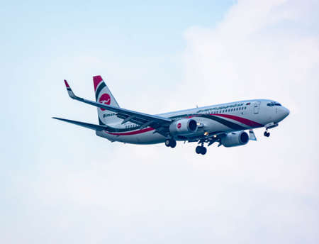 BIMAN AIRLINE airplane during landing at Changi International Airport, Singapore, March 30, 2020のeditorial素材
