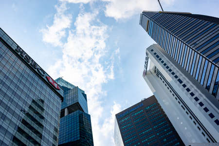 SINGAPORE - MAR. 30: View of skyscrapers in Central Business District on March 30, 2020 in Singapore.  Financial centre in SG with Capita Commercial, Bank of China and Maybank Bldgsのeditorial素材