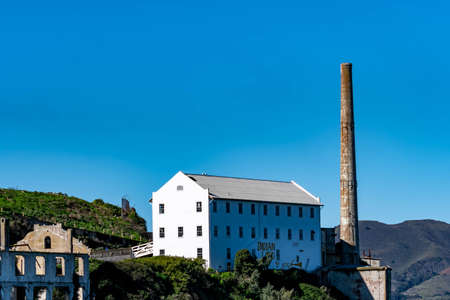 View of Alcataraz Island's Powerplant and smokestack beside the storehouse or warehouse from the...