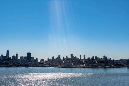 Panorama shot of the San Francisco California Downtown Skyline from Alcatraz viewing deckの写真素材