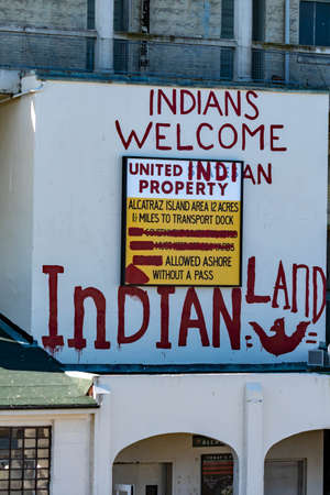 Alcatraz island's  barracks or appartments and bookstore area with the Indian Land Sinage from the center part of the islandのeditorial素材