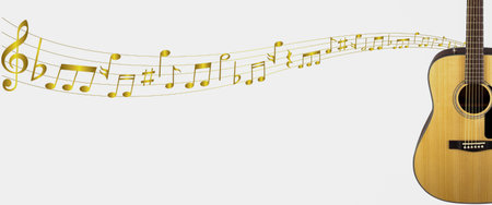 blurry out of focus image of Acoustic guitar with musical notes on white background with copy space. Image for music store, music school and guitar lesson or schoolの写真素材