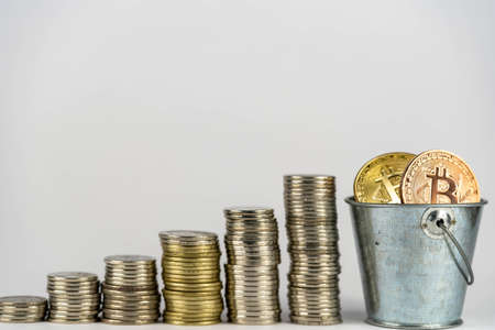 golden Bitcoin cryptocurrency and coin stack, Crypto is Digital Money within the blockchain network, is exchanged using technology and online internet exchange. Financial conceptの写真素材