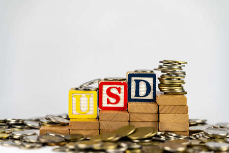 Forex USD concept with wooden blocks and coins. Forx USD letters on wooden blocks sorrounded with moneyの写真素材