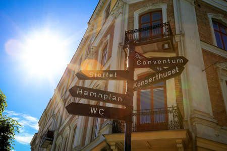 a building at the corner of storgatan, the main street in orebro, swedenの写真素材