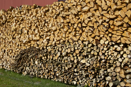 Firewood stacked in autumnの写真素材