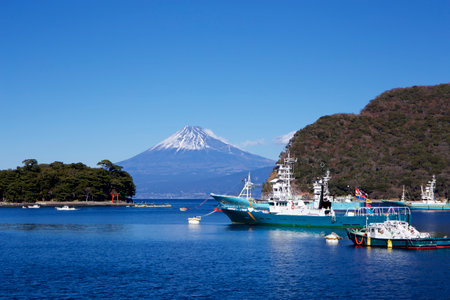 Mt. Fuji view from fishing harbor in Japanのeditorial素材