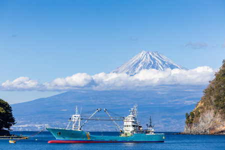 Mt. Fuji view from fishing harbor in Japan.の写真素材