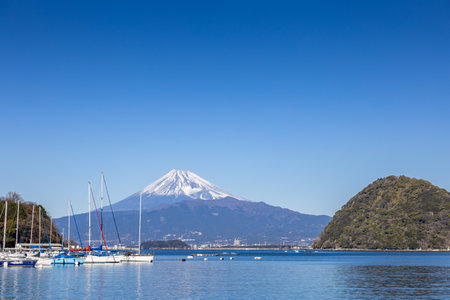 Beautiful view of Mt. Fuji from Nishiura bay.の写真素材