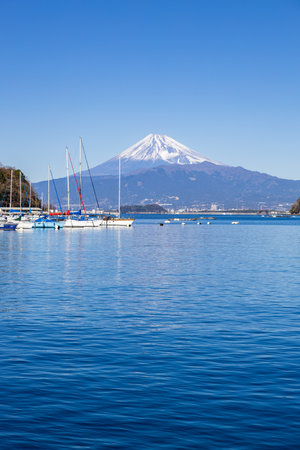 Beautiful view of Mt. Fuji from Nishiura bay.の写真素材