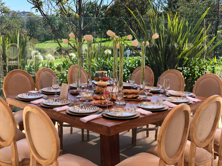 Table set for an event party or wedding reception in the garden.の写真素材